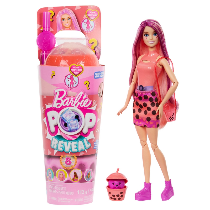 Barbie Pop Reveal Mango Doll Bubble Tea Series Voňavá módna bábika, domáci miláčik a 8 prekvapení vrátane meniacej farby, senzorickej hračky a hernej sady s prekvapením, HTJ22